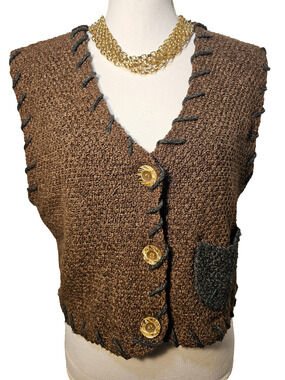 Mia Nola Womens Brown Knit Boxy Sweater Vest Button Front Pocket Runs Big Size 2